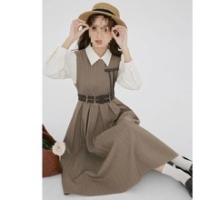甜美气质连衣裙别致套装裙女装春秋季新款衬衫配条纹背带裙两件套