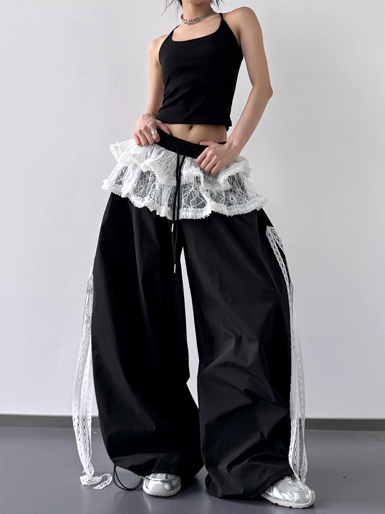 Летние брюки из кружевного дизайна, свободного кроя, высокий пояс, oversize