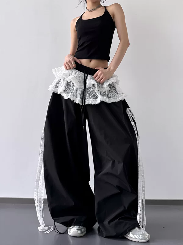 Летние брюки из кружевного дизайна, свободного кроя, высокий пояс, oversize