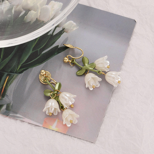 Forest style lily of the valley flower cluster ear clips, summer tulip earrings, sweet retro small fresh earrings, screw ear clips
