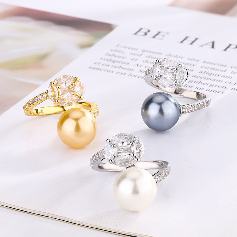 2024 nuevo estilo joyería cobre chapado en platino perla estilo simple anillo de moda mujer 12mm al por mayor