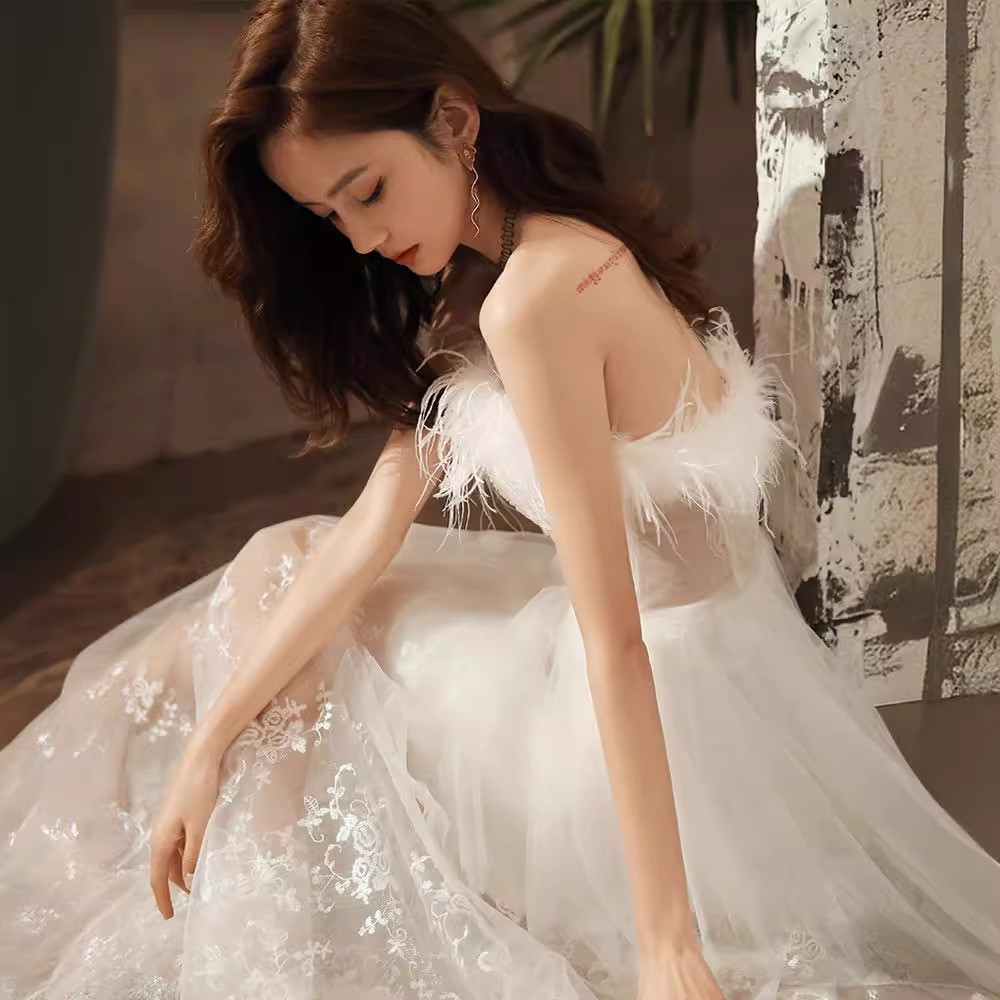 Đầm maxi nữ thắt eo phong cách tiên nữ kiểu Pháp, tay phồng lông vũ, dự tiệc sang trọng — Ống ngực lông vũ váy trắng nửa trong suốt