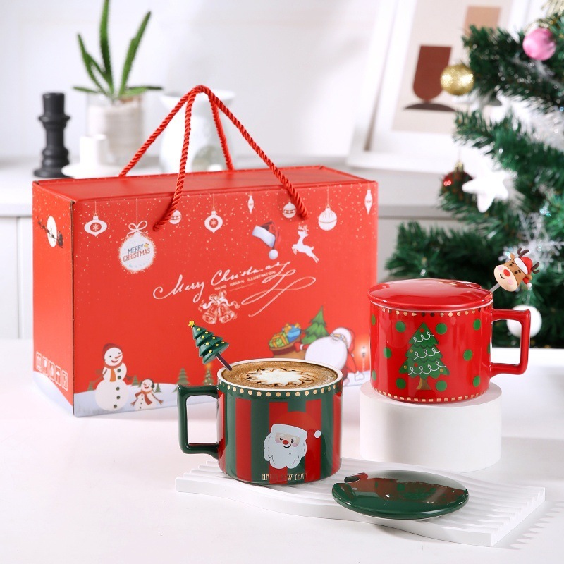 かわいいヘラジカクリスマス祭りギフトカップ家庭用セラミックカップマグカップ蓋付きスプーン付きカップルコーヒーカップ|undefined