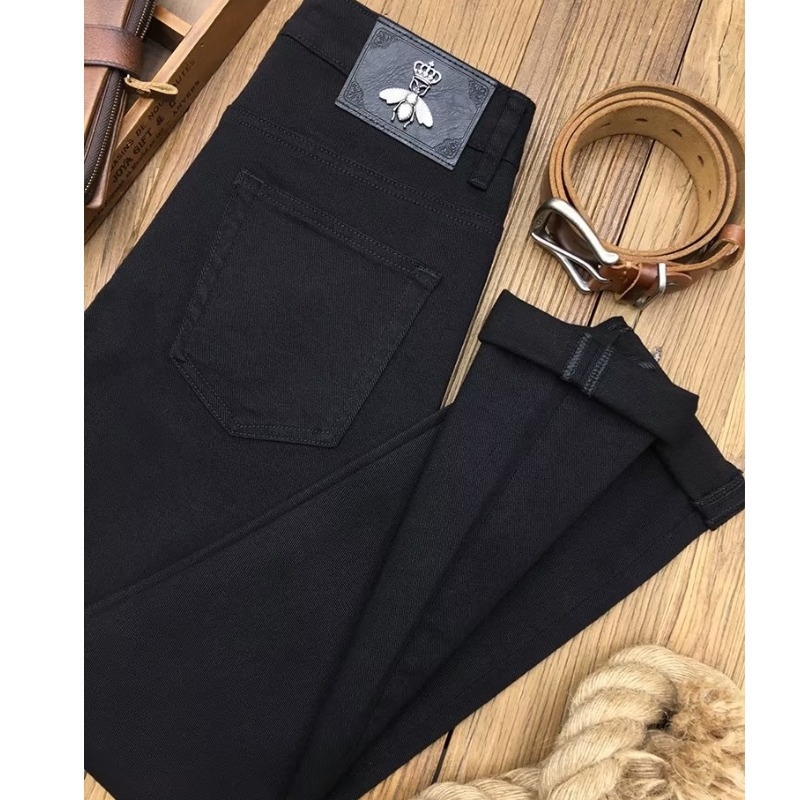 Little Bee High End Outono Preto Jeans Masculino Tendência Elástico Slim Fit Pequenos Pés Calças Compridas Grande Solto Perna Reta_voghion.com