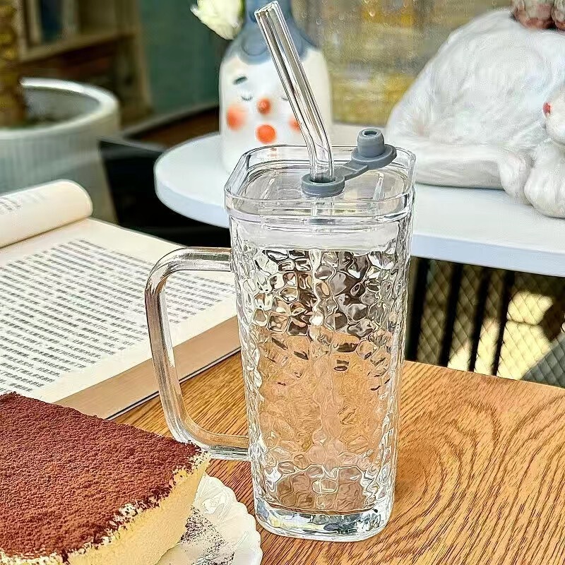 透明带把手玻璃水杯高颜值女夏季果汁饮料杯条纹带盖吸管杯子|undefined