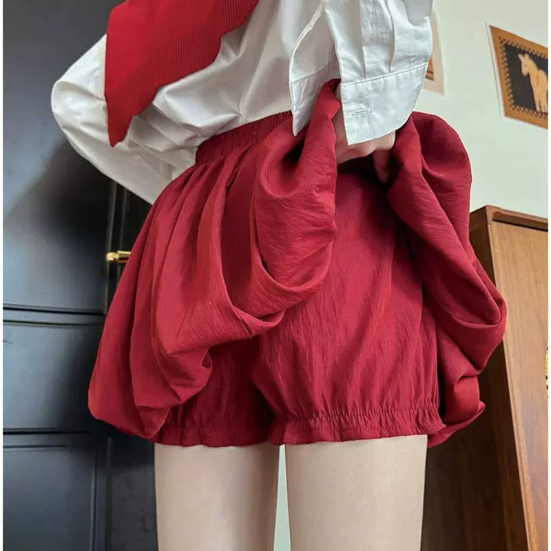 红色花苞短裙女夏季薄款小个子南瓜a字蓬蓬裙高腰防走光半身裙裤