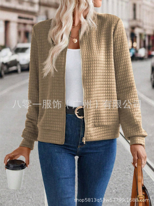 现货批发亚马逊热销新款欧美女装长袖拉链纯色拼接开衫纯色外套女|undefined