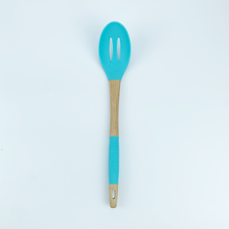 Juego de 7 piezas de pala de silicona de cocina, mango de madera maciza, pala antiadherente, cuchara de sopa, juego de cerca, stock de fábrica