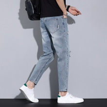 源头好货源破洞牛仔裤男款 夏季新款韩版弹力修身休闲 九分小脚裤