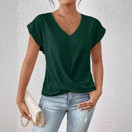 2025 solid color V-neck T-shirt elegant short-sleeved top spring and summer women's clothing