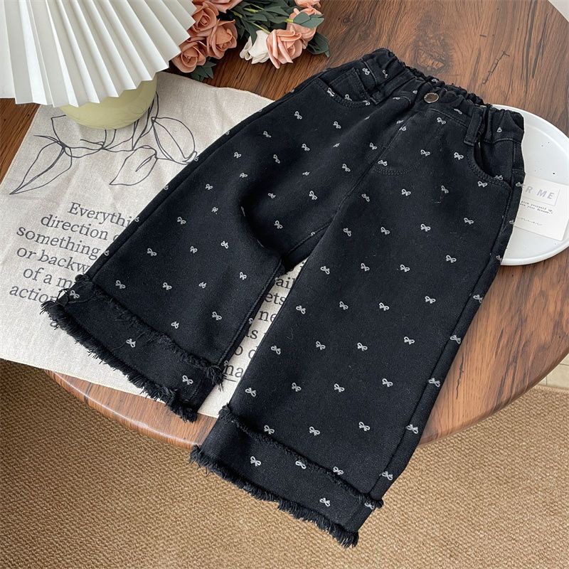 Girls' winter denim jeans, trendy brand, thickened fleece-lined wide-leg pants with bow and frayed edges, suitable for spring and autumn.