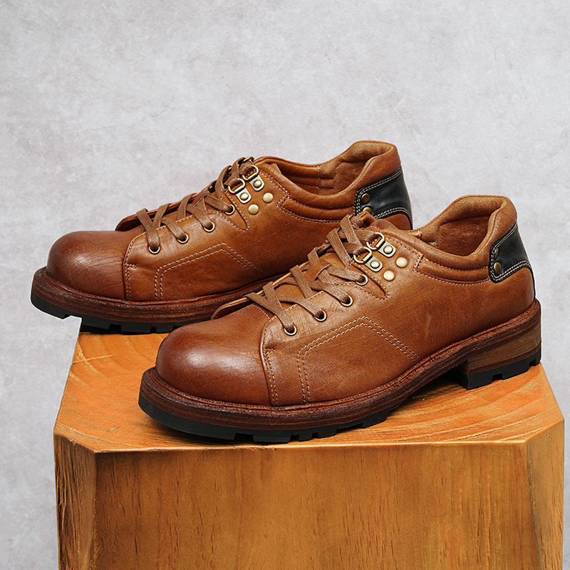 马皮复古板鞋男真皮厚底固特异皮底手工皮鞋手磨纹英伦休闲皮鞋