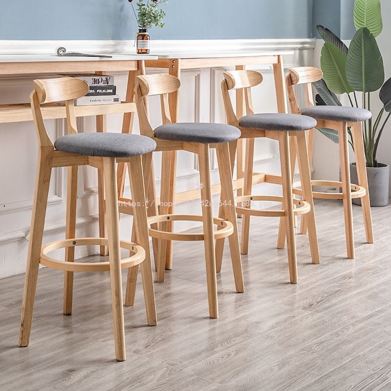 Dream High Stool Nordic Solid Wood Bar Chair with Backrest for Home Use, Modern Minimalist Bar Chair, Front Desk Chair for Milk Tea Shop