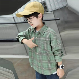 儿童休闲衬衣男童衬衫秋季新款宝宝长袖格子款中大童翻领上衣秋装