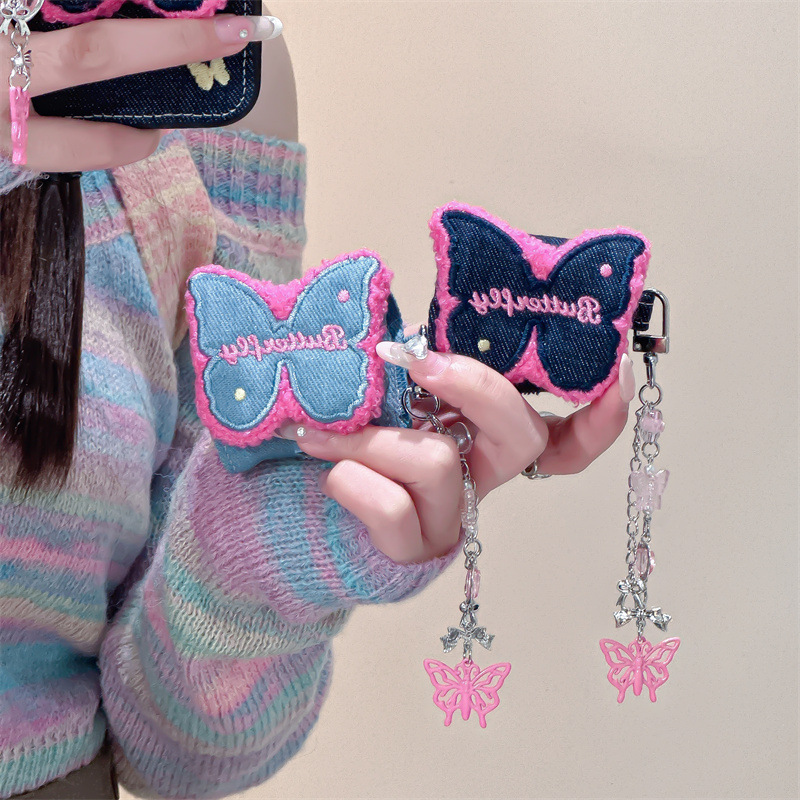 Japanese and Korean Personalized Denim Embroidered Butterfly Apple AirPods 1/2 Bluetooth Earphones Pro Case 3 Compatible Chain
