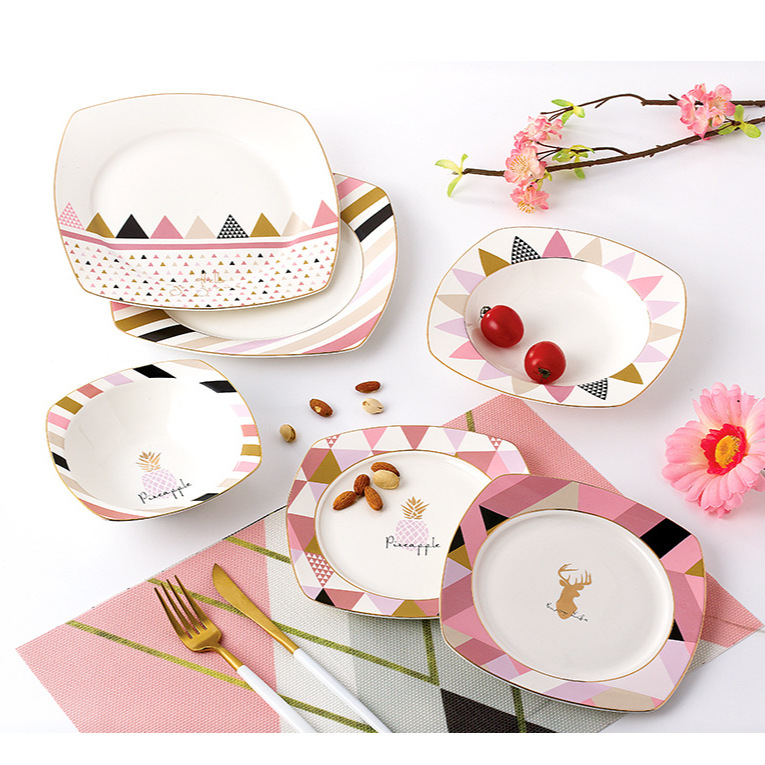 Square Gold-Rimmed Steak Plate Nordic Ins Style Western Food Plate Ceramic Tableware Rice Bowl Fish Plate Ins Style