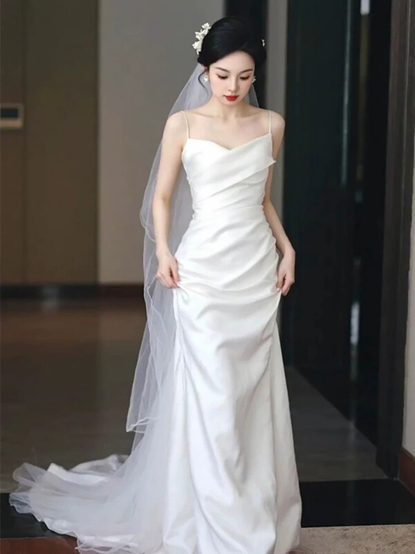 French-Style Strapless Light Wedding Dress with a High-End Feel, Simple Satin, Fairy-Like, Super Ethereal, Bridal Welcome and Exit Gown, Mermaid Dress