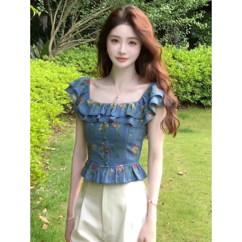 法式甜美衬衫女重工刺绣方领荷叶边2025夏季新款女装修身短款上衣|undefined