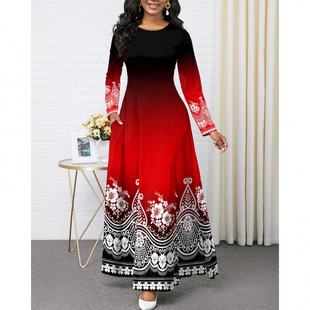 2025 European and American Cross-Border Women's Clothing New Aliexpress Trendy Temu Printed Round Neck Long-Sleeved Long Dress for Women