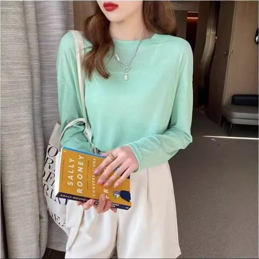 Women's long-sleeved sun protection shirt, summer versatile, youthful, candy-colored loose round neck blouse, ice silk sweet pullover.