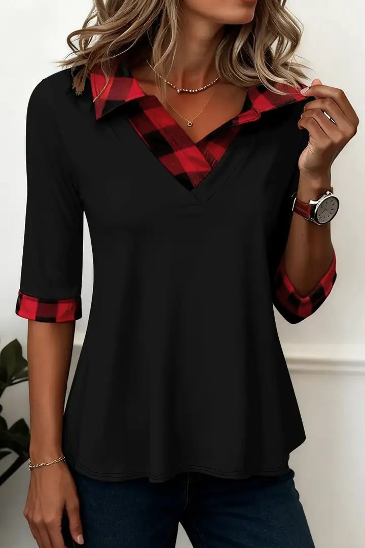 Contrast Panel Casual V-Neck Tunic Top For Women - Modern Spliced Tee With 3/4 Sleeves For Street Style_ecoleips.com