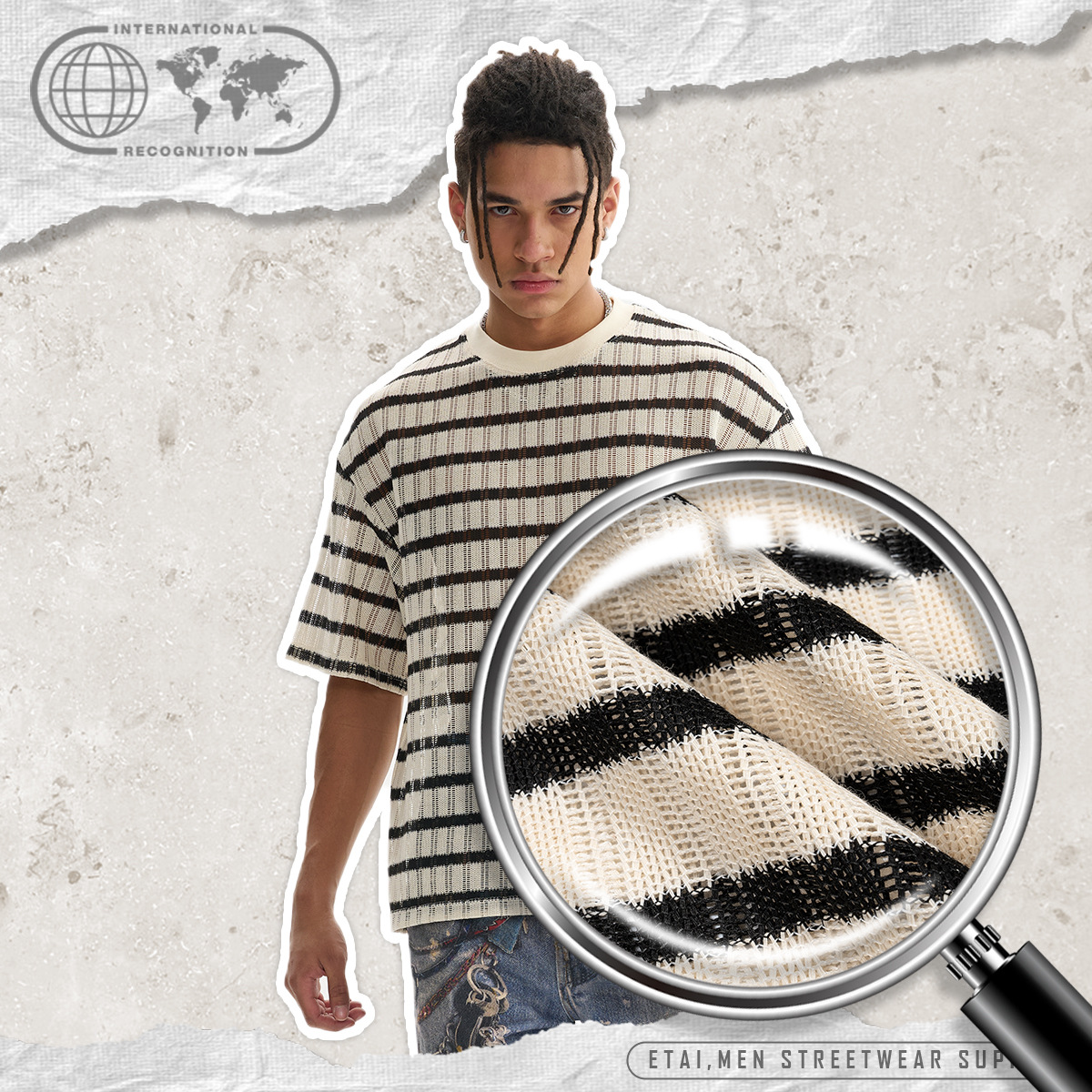 ETAI Hombre| Marca de moda casual suelta hombre malla manga corta de alta calidad cuadrada tipo hombre rayas manga corta