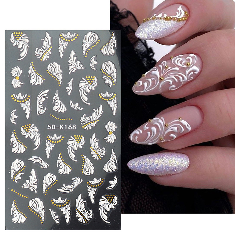 Cross-border supply nail relief 5D three-dimensional stickers ins white French carved art nail modeling stickers