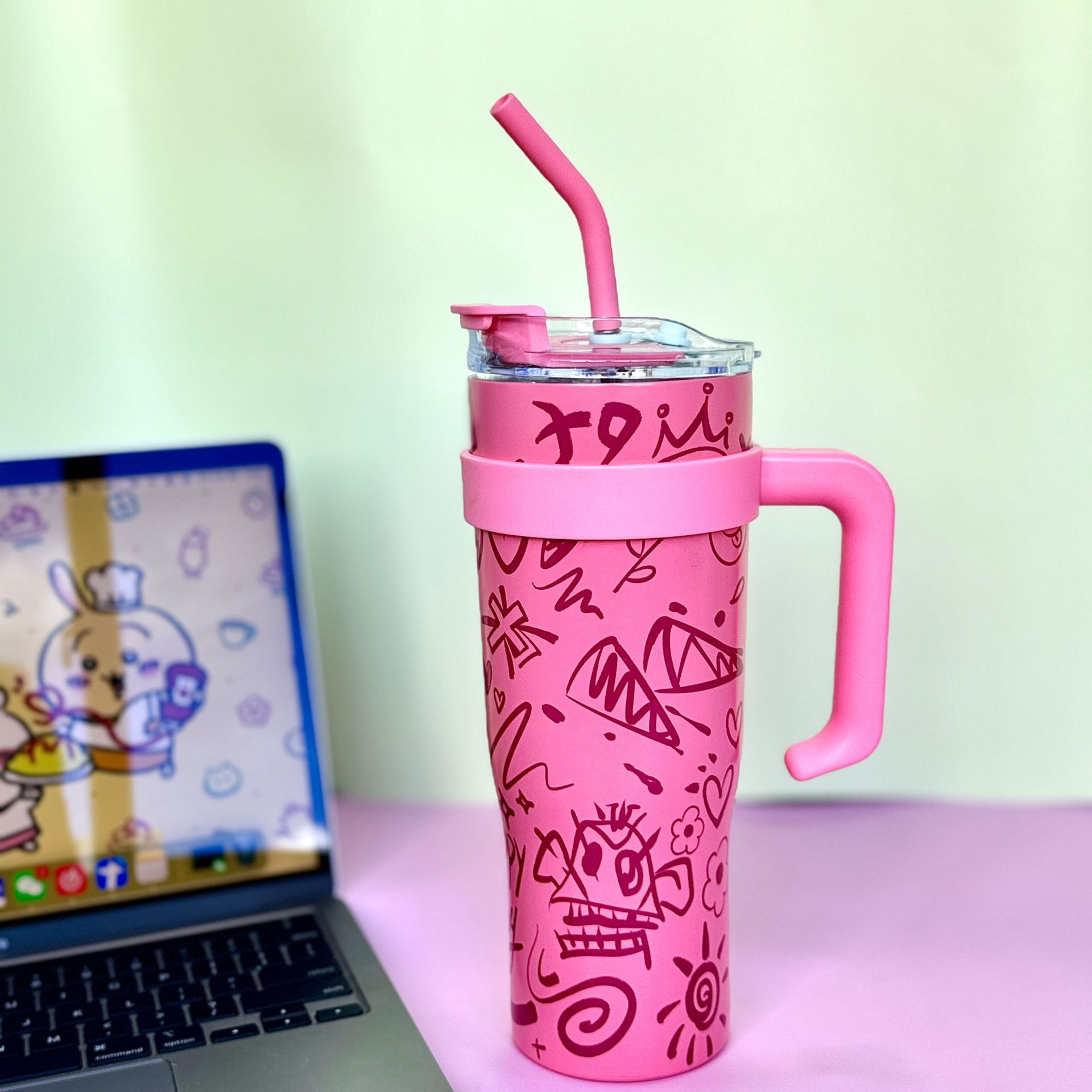 Taza de gran capacidad de las niñas de alto valor facial con taza de agua de paja, taza de agua de gran tamaño, taza de agua de gran tamaño, regalos al por mayor