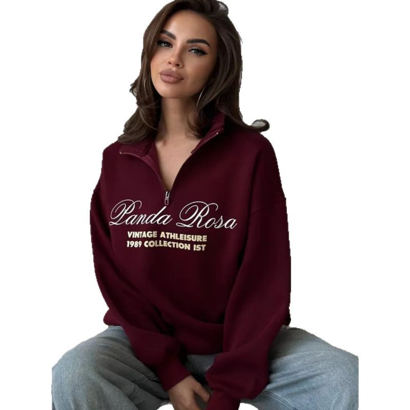 Felpa con cappuccio, mezza zip, calda, larga, foderata in pile, autunno-inverno, versatile, con stampa sul davanti_voghion.com