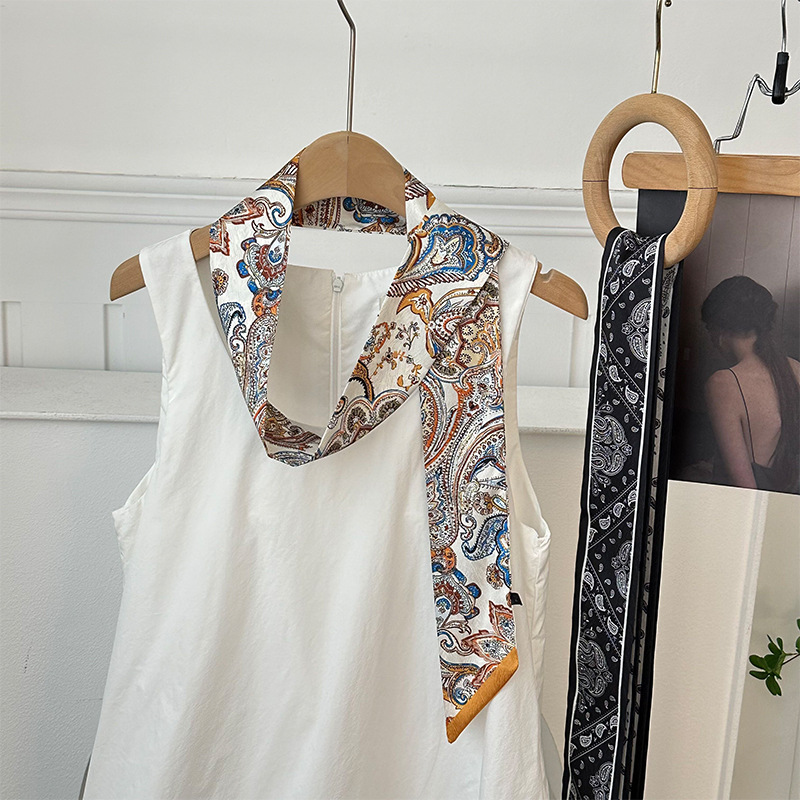 Pañuelo de seda, banda larga, sensación de alta calidad, bufanda pequeña decorativa, bolsa de toalla de seda, envuelta, pañuelo floral, cinta para el cabello, serpentín para el cabello