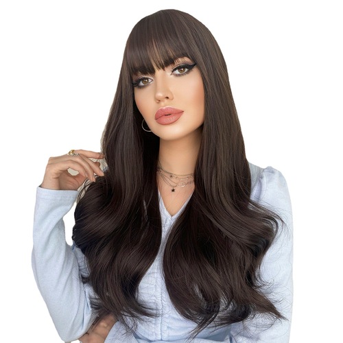 European and American cross-border wig for women with long curly hair and big waves, fluffy natural air bangs wig set, black brown