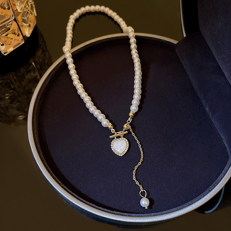 Fashion Heart Shape Copper Pearl Inlay Artificial Gemstones Pendant Necklace 1 Piece