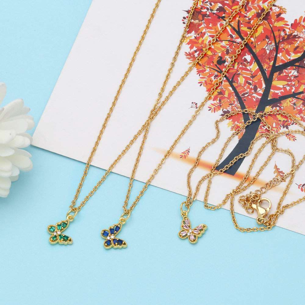 Fashion Colorful Zircon Inlaid Butterfly Pendant Clavicle Chain Necklace
