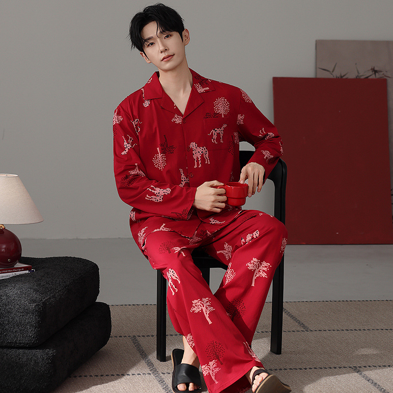 Men's Pajamas Autumn and Winter Pure Cotton Long-Sleeved 2025 New Red Animal Year Cartoon Casual Home Clothes for Outer Wear