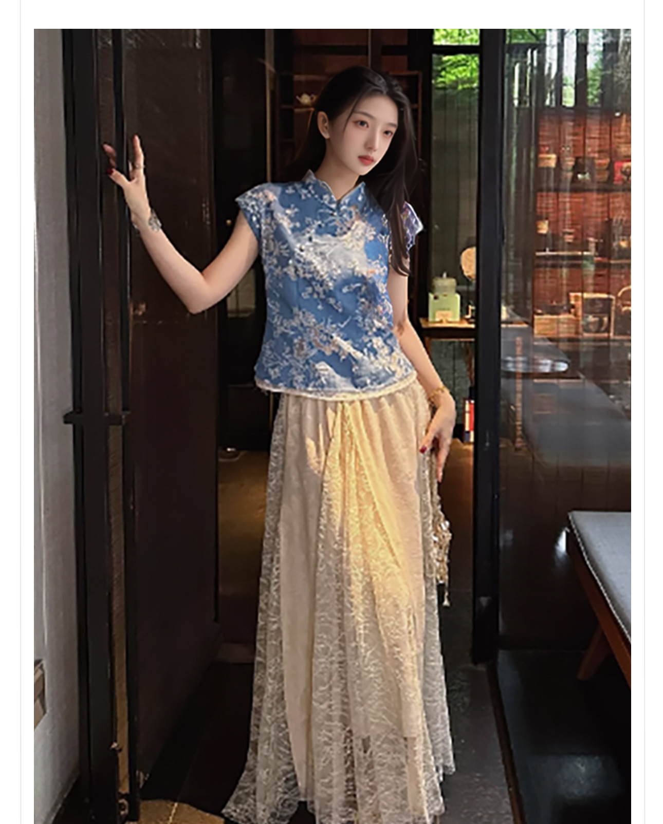 Áo sơ mi phong cách Trung Hoa cổ điển mùa hè, thêu hoa cháy nhẹ nhàng, kiểu ZX N4076 — Màu xanh nhạt [mẫu ngắn], Màu xanh nhạt [kiểu dài] chi tiết 2