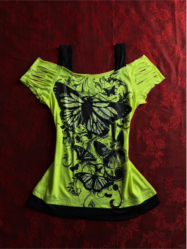 Japanese Harajuku Shibuya Subculture Vintage Rock Punk Green Butterfly Print Ripped Tank Top T-Shirt