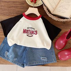 男童拼色字母短袖牛仔褲套裝2024夏季新款韓版休閒時尚中小童韓版