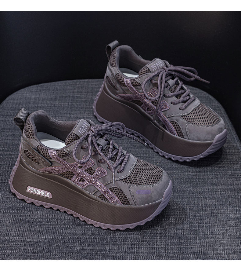 Giày sneaker nữ đế dày phong cách retro dành cho người dáng nhỏ, giày dad hot trend thu 2026, tăng chiều cao — M2933-1 màu xám đính kim cương, M2933 màu đen, M2933 màu nâu, M2933-1 màu đen đính kim cương chi tiết 15