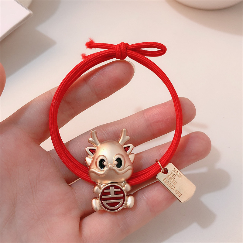 Año del Dragón Zodiaco de alta sensación metal rojo Año Nuevo anillo de cabello de alta altura cuerda elástica cuerda de cabello festiva adornos para el cabello