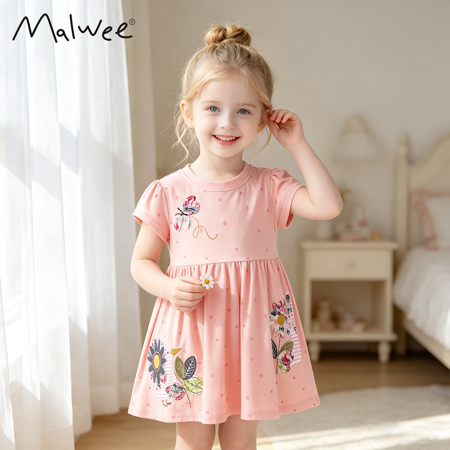 Malwee girls' summer dress, new style, short-sleeved, European and American style, round neck, princess dress for toddlers and preschoolers.