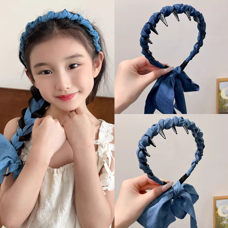 子供用デニムレトロリボン歯コームヘッドバンド、女の子用ヘアタイ、小さな女の子用編み込みヘッドバンド、高頭頂ヘアアクセサリー|undefined