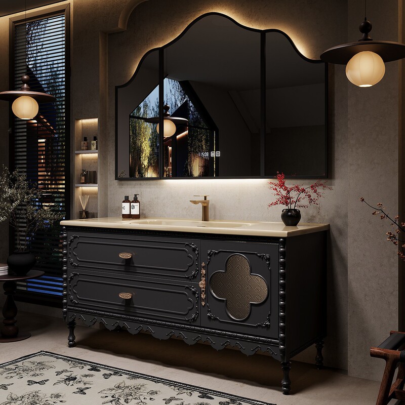 French-Style Vintage Oak Bathroom Cabinet Set, Freestanding Washbasin Cabinet with Integrated Ceramic Basin