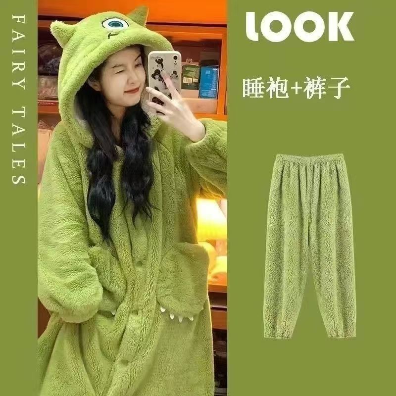 Special offer cute big-eyed hooded coral fleece nightgown suit women's winter monocular strange nightgown home clothes wholesale