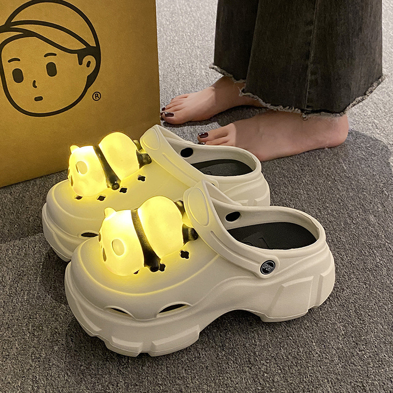 7CM Hole Shoes Women's 2024 New LED Light Emitting Sandals Student Height Increasing Thick Bottom Cartoon Toe Sandals Women