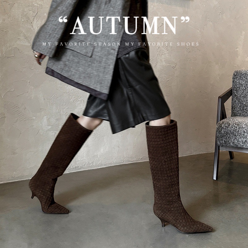 Genuine Leather Woven Cat Heel Elegant Knee-High Boots for Women 2025 New Retro Pointed Toe European and American Style Over-The-Knee Boots Genuine Leather Woven Cat Heel Elegant Knee-High Boots for Women 2025 New Retro Pointed Toe European and American Style Over-The-Knee Boots
