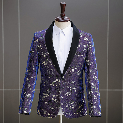 Blazer male MC embroidered jazz dance stage costumes singer light golden Men's jazz dance coats band singers  gig perform groom's jackets for man