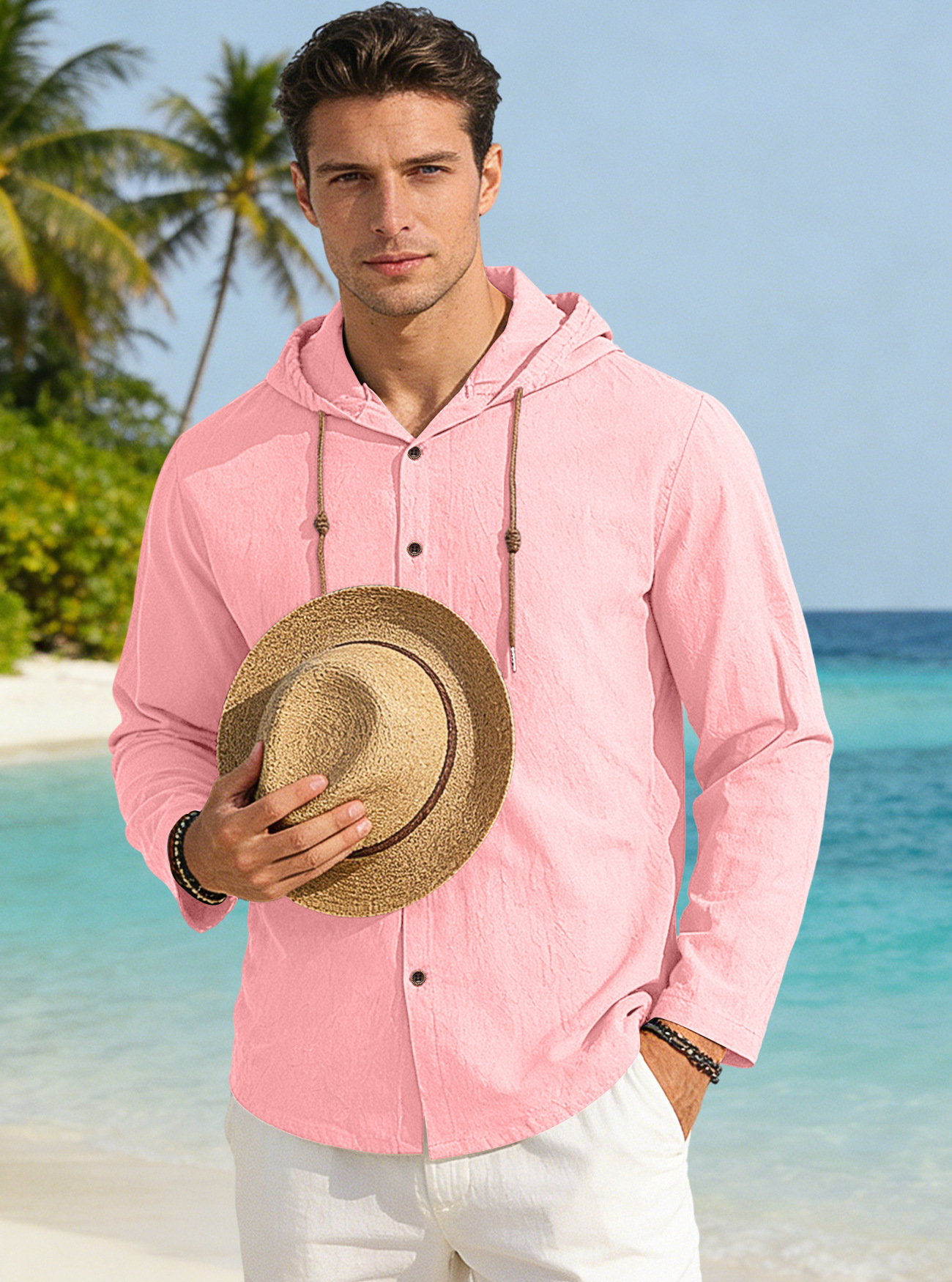 T-shirt con cappuccio uomo maniche lunghe cotone lino casual_voghion.com