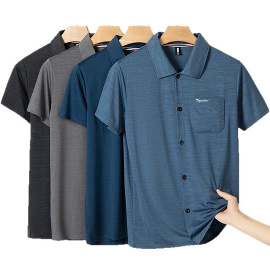 Summer Middle-Aged and Elderly Men's Ice Silk Short-Sleeved Shirts Dad's Summer Quick-Drying Loose Tops Grandpa Cardigan Shirt Thin