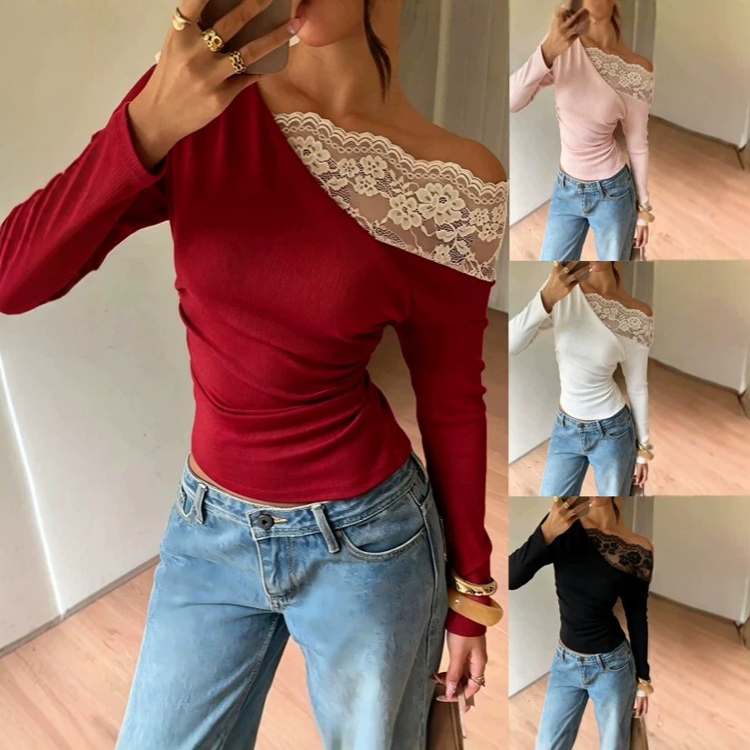 2026 Autumn/Winter Foreign Trade Women's French Lace Patchwork Off-Shoulder Long-Sleeve T-Shirt European and American Style Slim-Fit One-Shoulder Base Shirt