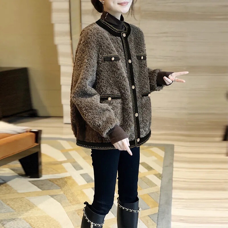 棕色小香风羊羔毛绒短外套女加厚皮毛一体上衣2025秋冬新款欧洲站|undefined
